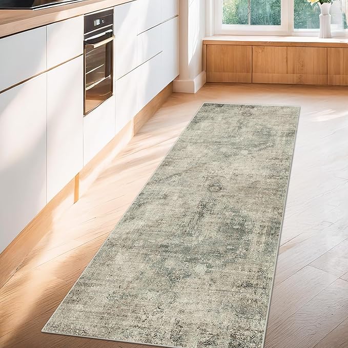 Washable Kitchen Runner Rug 2x6, Green and Brown Low Pile Soft Rugs for Bedroom Beside Bed, Runner Carpets for Hallway Non Slip, Entryway, Bathroom, Vintage Medallion Abstract Décor