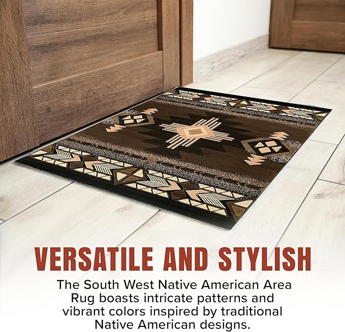 YHSF South West Native American Area Rug C318 - Easy Clean, Thick, Soft, Durable Native Tribal American Indian Inspired Rug for Bedroom/Living Room and more - Chocolate Brown, 2 Feet x 3 Feet 4 Inches