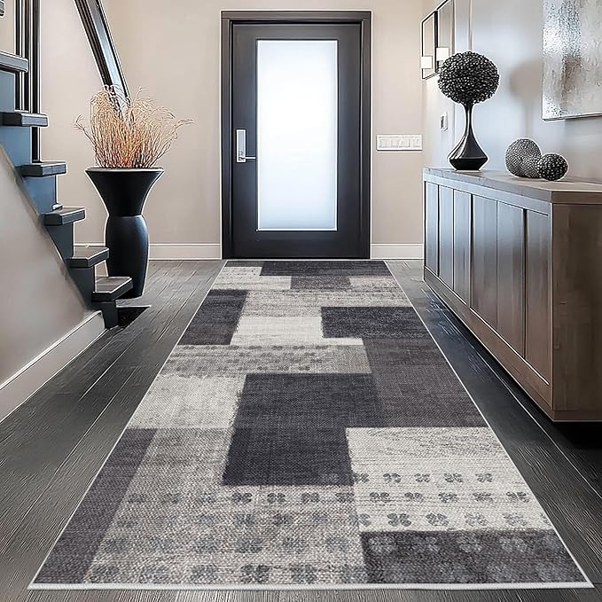 Modern Geometric Patchwork Indoor Runner Rug for Living Room, Charcoal 2'x 6' Rug Rockwood Collection Hardwood Floors Decor for Bedroom, Grey Throw Carpet for Office Entryway Dining Room