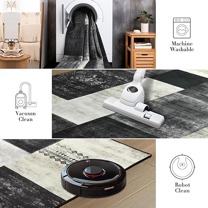 Tepook Modern Area Rug for Living Room, 8x10 Geometric Large Rugs for Bedroom, Washable Patchwork Rug Indoor Non-Slip Throw Carpets for Dining Room Office Farmhouse Home Decor, Black and White