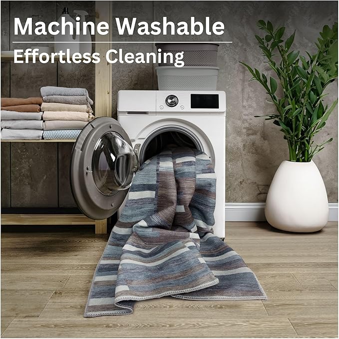 Bloom Rugs Washable Non-Slip 9' x 12' Rug - Blue/Brown Striped Area Rug for Living Room, Bedroom, Dining Room, and Kitchen - Exact Size: 9' x 12'