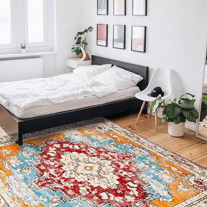 Bohemian Pattern Rectangular Area Rugs for Living Room Bedroom 5 x 6.9 ft Red & Orange Abstract Non-Shedding Soft Low Pile Rug Non Slip Washable Rug for Nursery Entryway Playroom