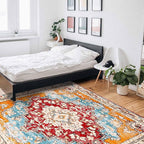 Bohemian Pattern Rectangular Area Rugs for Living Room Bedroom 4 x 6 ft Red & Orange Abstract Non-Shedding Soft Low Pile Rug Non Slip Washable Rug for Nursery Entryway Playroom