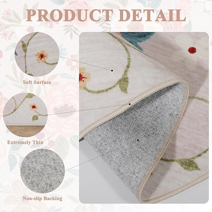 DUKINO 2x10 Runner Rug for Hallway, Washable Kitchen Runner Rug with Non Slip Backing, Low Pile Soft Boho Floral Carpet Carpet for Kitchen, Hallway, Entryway, Laundry, Bedroom, Beige