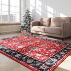 Area Rug 5x7, Washable Faux Wool Throw Rugs for Living Room, 0.3″ Non Slip Low Pile Vintage Boho Carpet for Ding Room, Home Office, Bedroom, Kids Room, Bedside (Black Red)