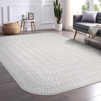 Beverly Rug Modern Geometric Area Rug 6x9 Low-High Pile Durable Soft Abstract Grid Indoor Rugs for Living Dining Room Office Stain Resistant Non Shedding Casual Indoor Carpet Beige White 6 x 9