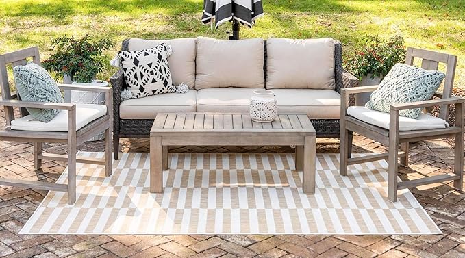Unique Loom Outdoor Striped Collection Area Rug - Striped (5' 1" x 8' Rectangle, Taupe/Ivory)