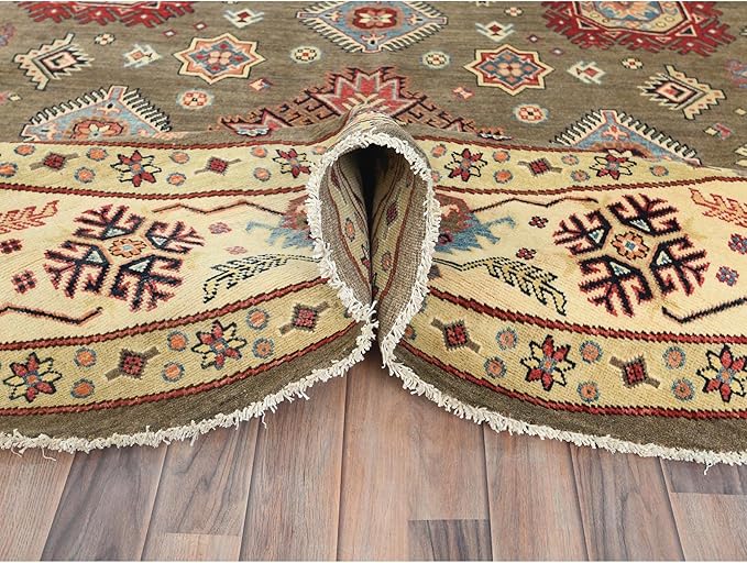 Taupe Brown Special Kazak with All Over Pattern Natural Dyes Organic Wool Hand Knotted Round Oriental Rug (9'x9')