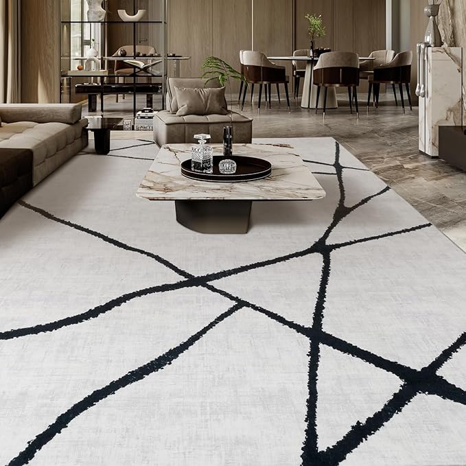 YIHOUSE Geometric 9x12ft Modern Washable Area Rug for Living Room Bedroom - Large Abstract Black and White Rug Non-Slip Ultra-Thin Home Decor