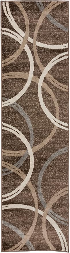 Rugshop Modern Wavy Circles Design Runner Rug, Non-Shedding Carpet for Hallway, Entryway, or Kitchen, Brown, 2'7" x 10'