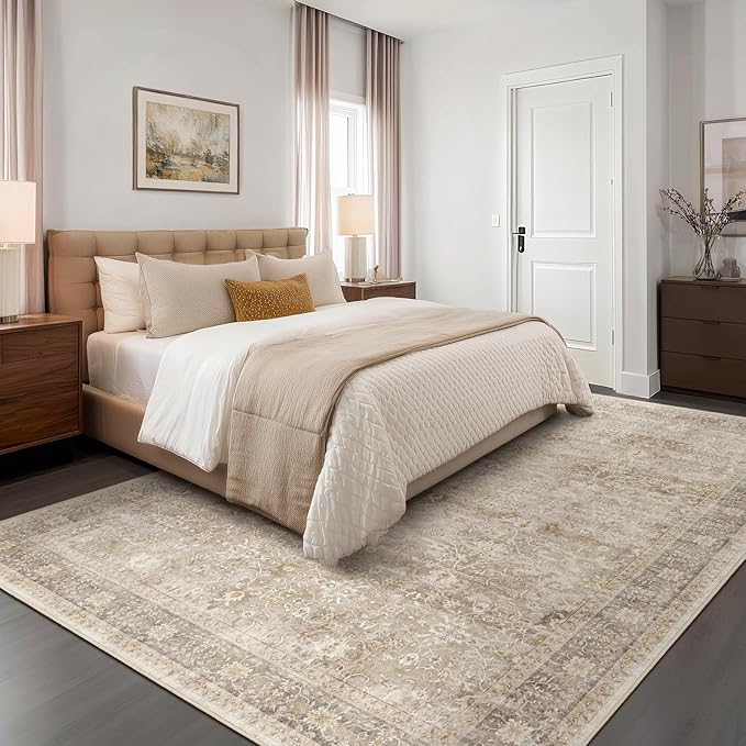 Vintage Beige 8x10 Area Rugs for Living Room, Retro Neutral Earth Tone Carpet Rug for Bedroom Dining Room, Low Pile Thin Washable Non Slip Room Rug for Home Office Playroom Family Room