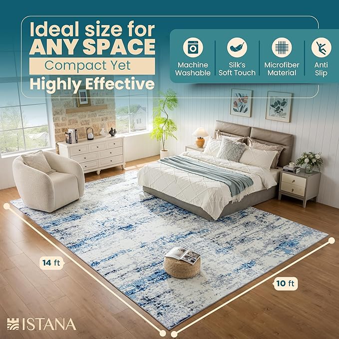 Istana Living Room Rug 10x14 - Blue/White 10 x 14 Area Rug - Foldable Machine Washable Area Rugs 10x14 - Stylish 10x14 Area Rugs Boho - Stain Resistant Washable Rug 10x14