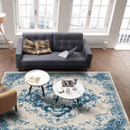 Blue Bohemian Rectangular Area Rugs for Living Room Bedroom 5 x 8 ft Vintage Farmhouse Floral Pattern Non-Shedding Soft Low Pile Rug Non Slip Washable Rug for Nursery Entryway Playroom