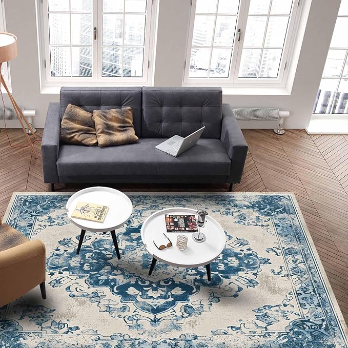 Blue Bohemian Rectangular Area Rugs for Living Room Bedroom 5 x 8 ft Vintage Farmhouse Floral Pattern Non-Shedding Soft Low Pile Rug Non Slip Washable Rug for Nursery Entryway Playroom