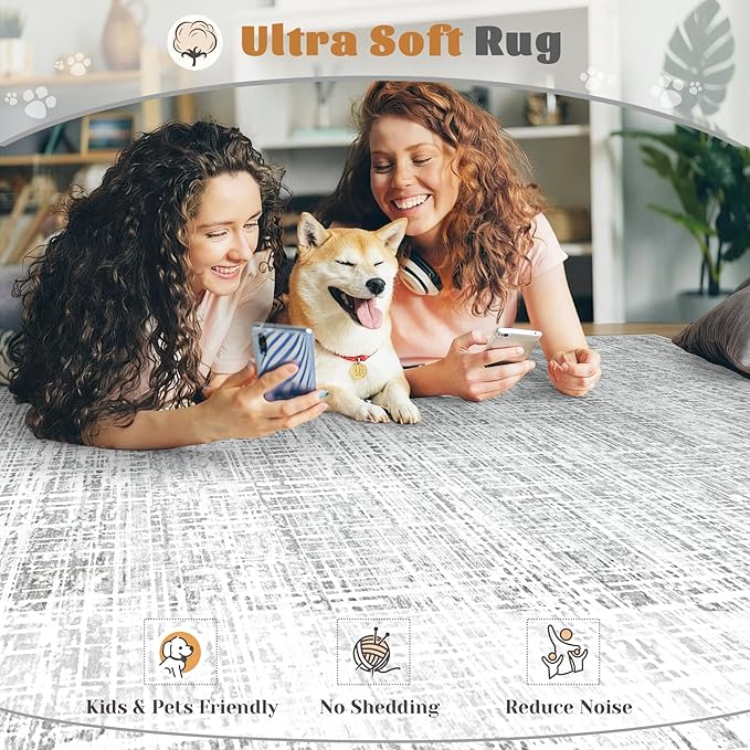 9x12 Area Rugs for Living Room, Washable Large Area Rug Neutral Modern Abstract Bedroom Rug Soft Non Slip Low Pile Stain Resistant Indoor Carpet for Kids Playroom Dining Room Office(Grey, 9'x12')