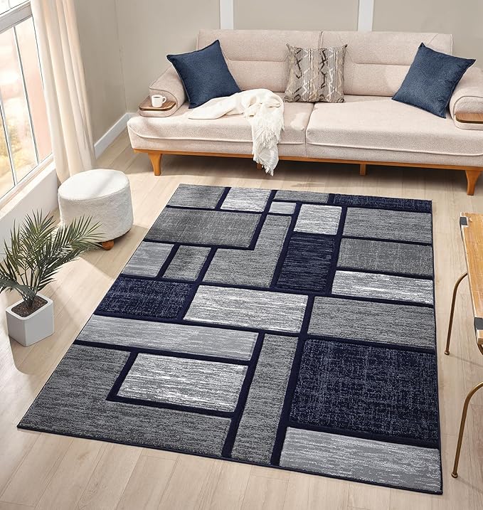 Navy Blue Geometric 8x10 Area Rug – Modern Patterned Carpet for Living Room, Bedroom, or Office – Soft Durable Floor Rug – Stylish Contemporary Design