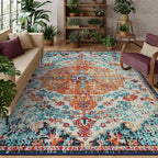 Lahome Boho Rugs for Living Room 8x10,Washable Orange Bedroom Area Rug Soft Low Pile Dining Room Rugs for Under Table,Vintage Thin Non Slip Printed Nursery Area Rug for Playroom Office(8x10ft Orange)