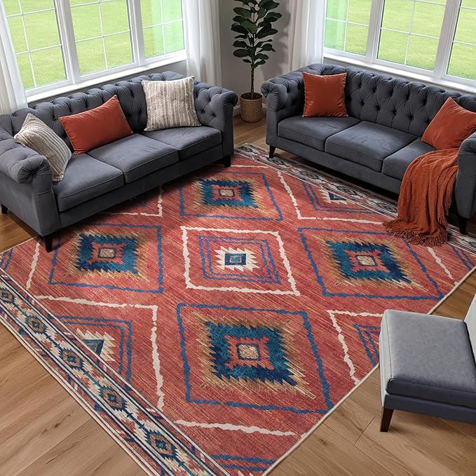 Area Rug 5x8 Rug Machine Washable Non-Slip Low Pile Print Pattern Western Rug for Living Room Bedroom Entryway Tribal Series-Red/Orange
