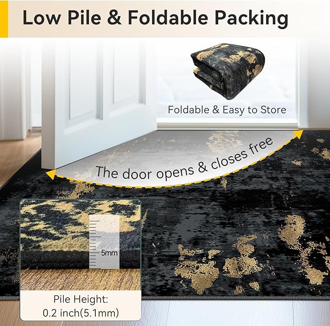 Washable Area Rugs 8'x10' Non-Slip Modern Abstract Soft for Living Room Entryway Bedroom Nursery, Print Pattern, Dark Black Gold