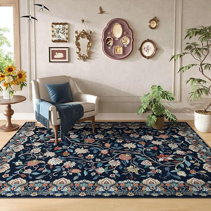 Rugcomf Vintage Paisley 3'x5' Area Rug - Machine Washable, Non-Slip Low Pile Small Floral Carpet for Bedroom, Bedside, Kitchen, Entryway, Kids/Girls Room, Office - Blue