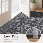 Washable Area Rug 2.6x8 Black Runner Rugs for Living Room, Vintage Boho Hallway Large Rug for Bedroom Dining Room Office, Distressed Floral Carpet for Under Table, Soft Non Slip Low Pile Throw Carpet