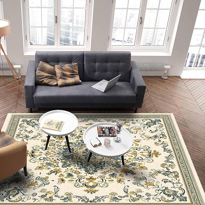 Bohemian Rectangular Area Rugs for Living Room Bedroom 4 x 6 ft Vintage Farmhouse Floral Pattern Non-Shedding Soft Low Pile Rug Non Slip Washable Rug for Nursery Entryway Playroom