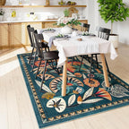 Boho Egypt Green Area Rugs for Living Room Bedroom, 5x7 Washable Large Dining Room Rug Non Slip, Floral Vintage Farmhouse Throw Carpet for Office Hardwood Floor Playroom (Dark Green,5 x 7)