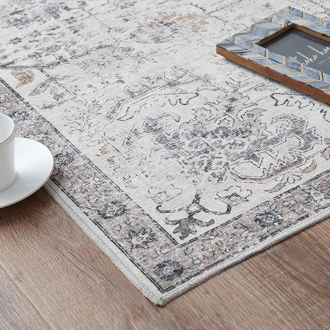 jinchan Runner Rug 3x8 Washable Hallway Rug Vintage Indoor Thin Retro Floor Cover Distressed Gray Floral Country Lightweight Non Slip Carpet for Entryway Bathroom Kitchen Bedroom Living Room Grey