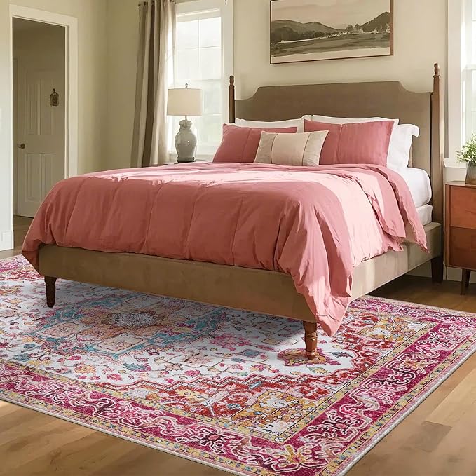 Large Area Rugs 8x10 for Living Room, Washable Vintage Rugs -Low Pile, Soft Plush Rugs for Bedroom, Kitchen, Dining Room, Stain Resistant, Non Shedding, Plum