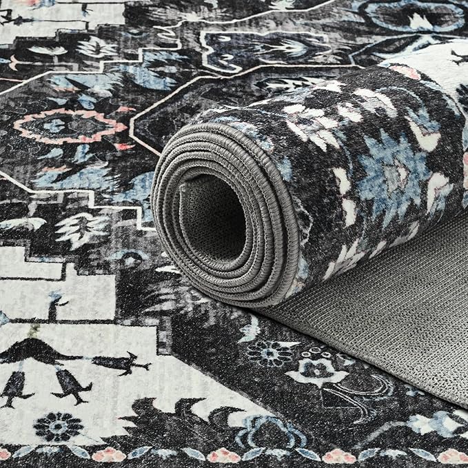 Large Area Rugs 9x12 for Living Room, Bedroom, Washable Vintage Rugs -Low Pile Distressed Rugs for Kitchen, Dining Room, Water Repellent & Non Shedding, Black and Blue
