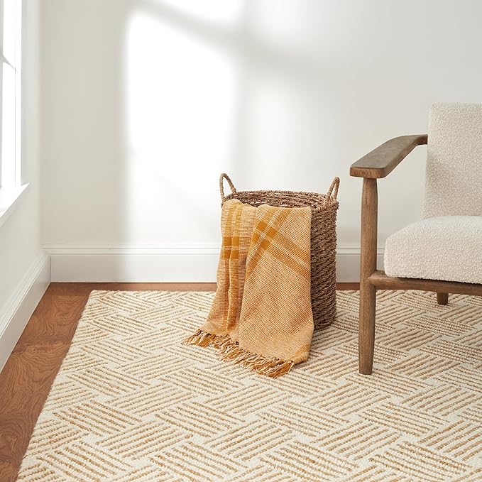 Dash & Albert Layers Ochre Hand Hooked Wool Rug, 8.5 X 11.5 Feet, Yellow/Orange Geometric Pattern - Premium Luxury Hotel Quality Soft Breathable Hypoallergenic Machine Washable Easy Care All Season