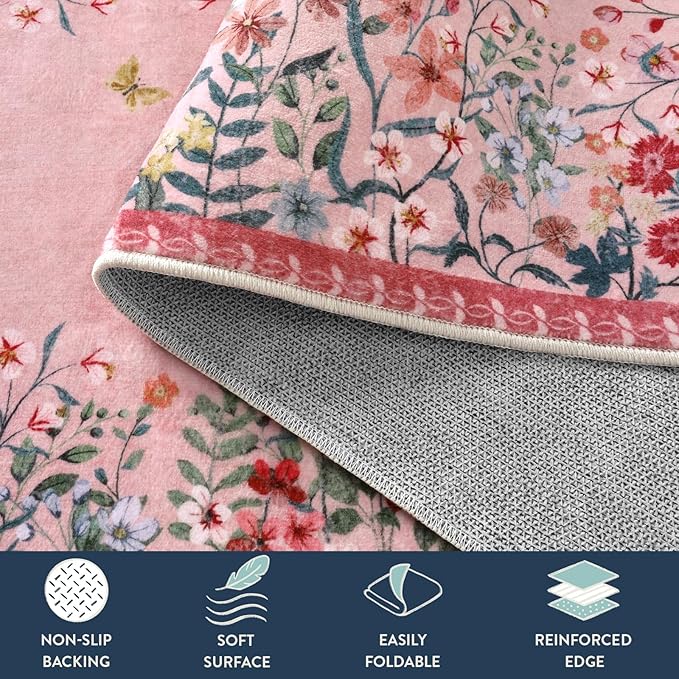 Lahome Boho Floral 2x3 Small Pink Rugs for Bedroom Washable Bathroom Rugs,Boho Floral Door Mat Indoor Entrance,Soft Non-Slip Indoor Carpet Throw Rug for Bedside Entryway Laundry(Pink,2x3)