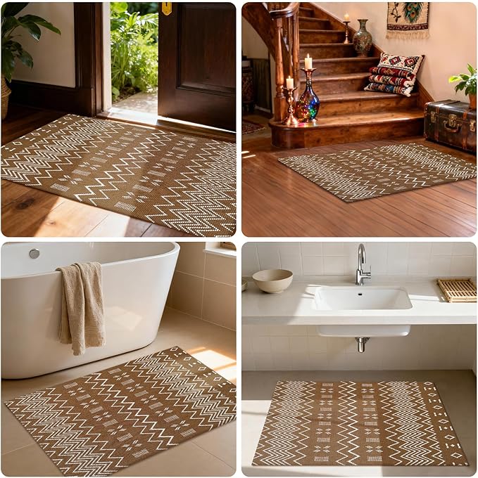 Indoor Door Mat 2x3 Washable Rug,Braided Area Rug,Front Door Mat with Non Slip Rubber Backed,Cotton Doormat for Front Entryway Bathroom Kitchen Bedroom,Brown/White
