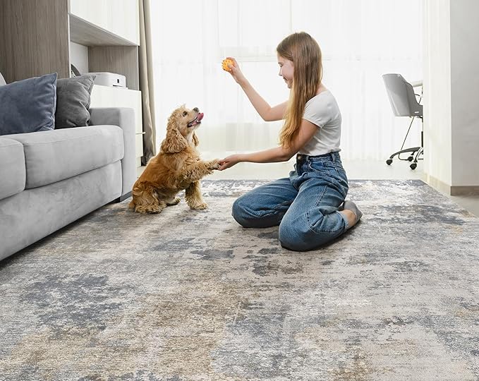 7x9 Area Rug Living Room Rugs - Washable Neutral Modern Abstract Soft Thin Large Rug Indoor Floor No Slip Rug Carpet for Bedroom Under Dining Table Home Office Decor - Blue Grey