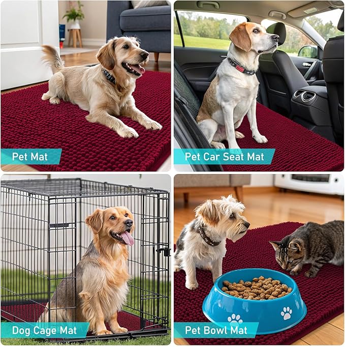 OLANLY Dog Door Mat for Muddy Paws 59x32, Absorbs Moisture and Dirt, Absorbent Non-Slip Washable Doormat, Quick Dry Chenille Mud Mat for Dogs, Entry Indoor Entryway Carpet for Inside Floor, Burgundy