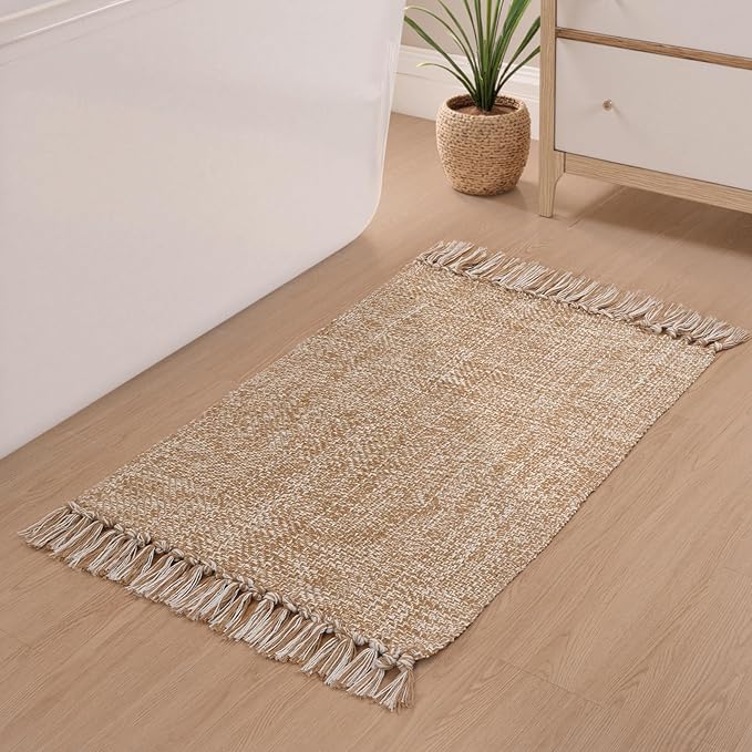 Collive Small Bathroom Rug, 2' x 3' Hand-Woven Low Profile Front Entryway Rug, Tan Cotton Reversible Washable Kitchen Mat Modern Farmhouse Carpet for Foyer Bedroom Back Door Decor