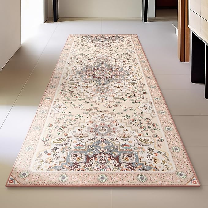 Phantoscope Washable Runner Rug 2'x6' Non-Slip, Vintage Boho Hallway Rugs for Entryway, Stair, Bedroom, Persian Floral Medallion Pattern, Low-Pile Foldable Floor Carpet, Ivory Rose/Fall Bloom