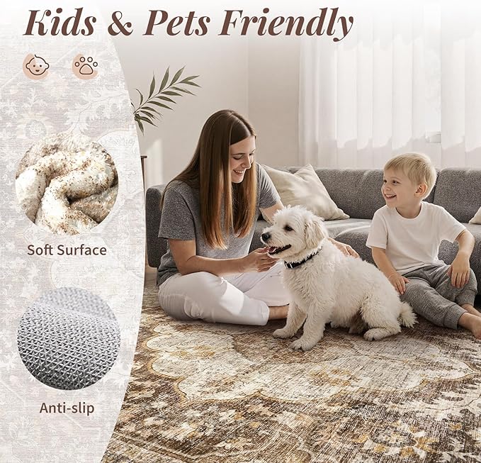 tchdio 5x7 Area Rugs for Living Room, Vintage Non Slip Washable Rug, Soft Low Pile Area Rug Large Floor Indoor Carpet for Bedroom, Dining Room, Office (Brown, 5'x7')
