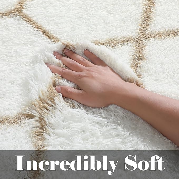 ONASAR 8x10 Area Rugs for Living Room, Fluffy White and Beige Bedroom Rug, Washable Geometric Boho Large Soft Plush Shaggy Fuzzy Floor Carpet for Nursery Kids Classroom Playroom Dorm Home Decor