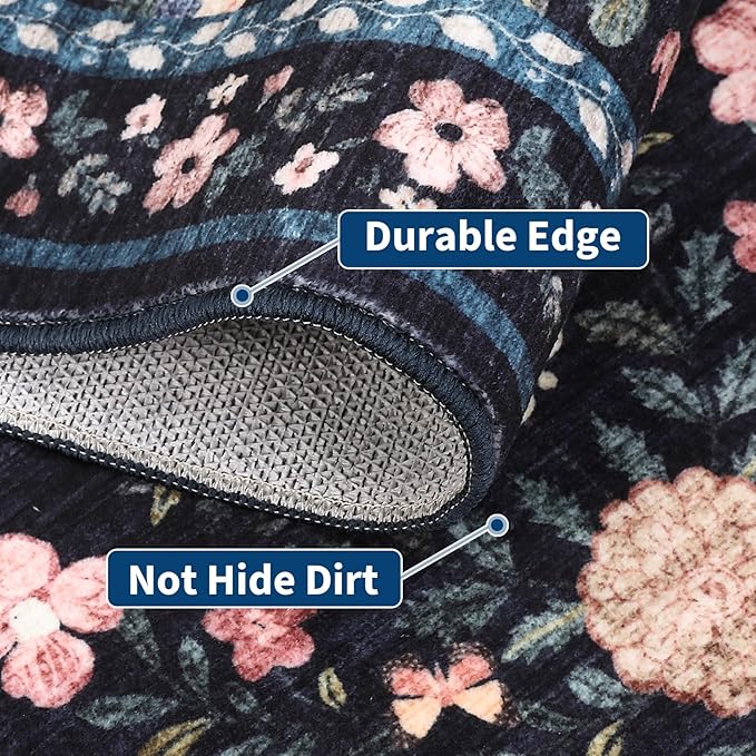 GarveeHome 2x3 Floral Rugs for Entryway, Non-Slip Soft Vintage Throw Door Mat, Low Pile Foldable Farmhouse Carpet, Non-Shedding Indoor Washable Small Rug for Bedroom, Dark Grey Blue