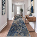 Abstract Washable Runner Rug: Modern 2x8 Hallway Runner for Kitchen Stain Resistant Non Slip - Thin Low Pile for Entryway Indoor - Blue Gold