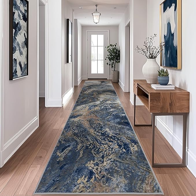 Abstract Washable Runner Rug: Modern 2x8 Hallway Runner for Kitchen Stain Resistant Non Slip - Thin Low Pile for Entryway Indoor - Blue Gold