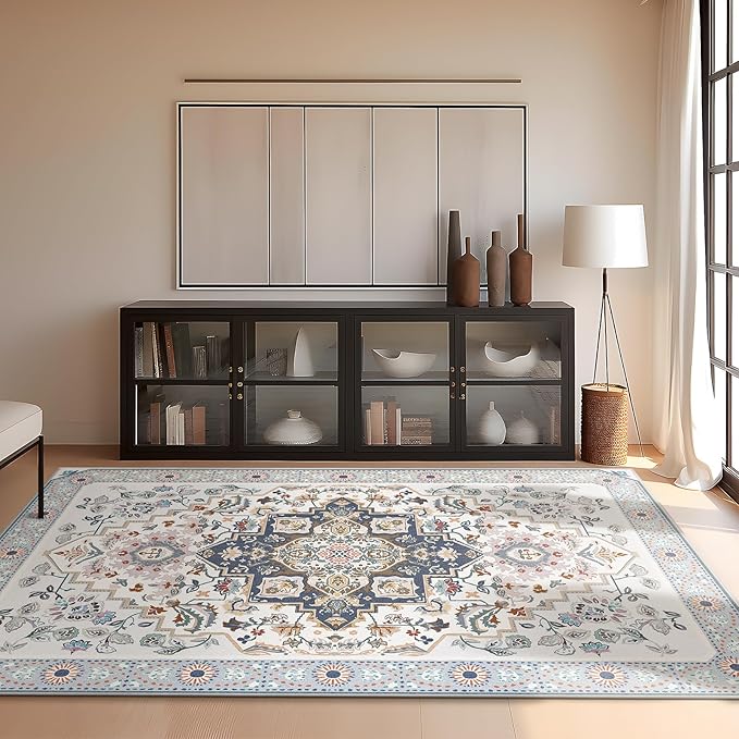 Phantoscope Washable Area Rug 5'x7' Non-Slip, Vintage Boho Rugs for Living Room, Bedroom, Dining Room, Persian Floral Medallion Pattern, Low-Pile Foldable Floor Carpet, Ivory Blue/Garden Bloom
