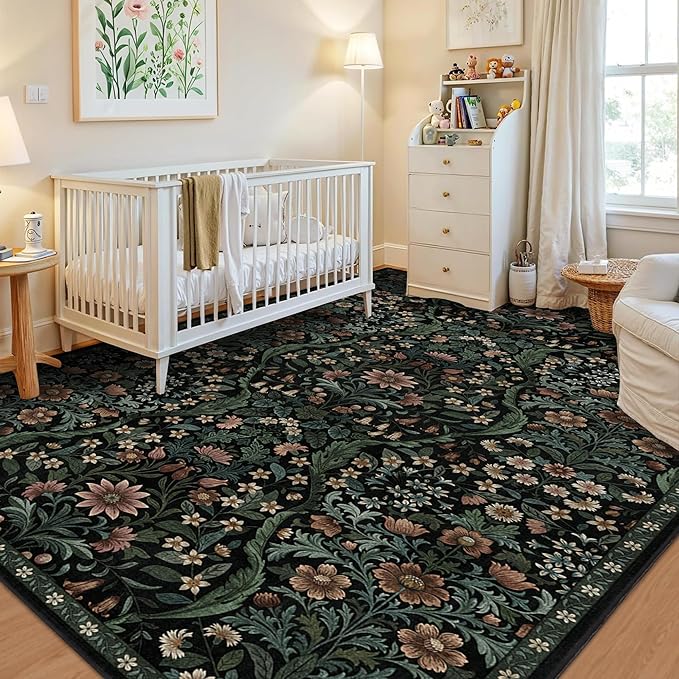 Floral Washable 6x9 Area Rug，Black Boho Rugs for Living Room, Soft Low-Pile Non-Slip Stain Resistant & Non-Shedding Carpet for Bedroom, Dining Room, Office, Entryway, Nursery