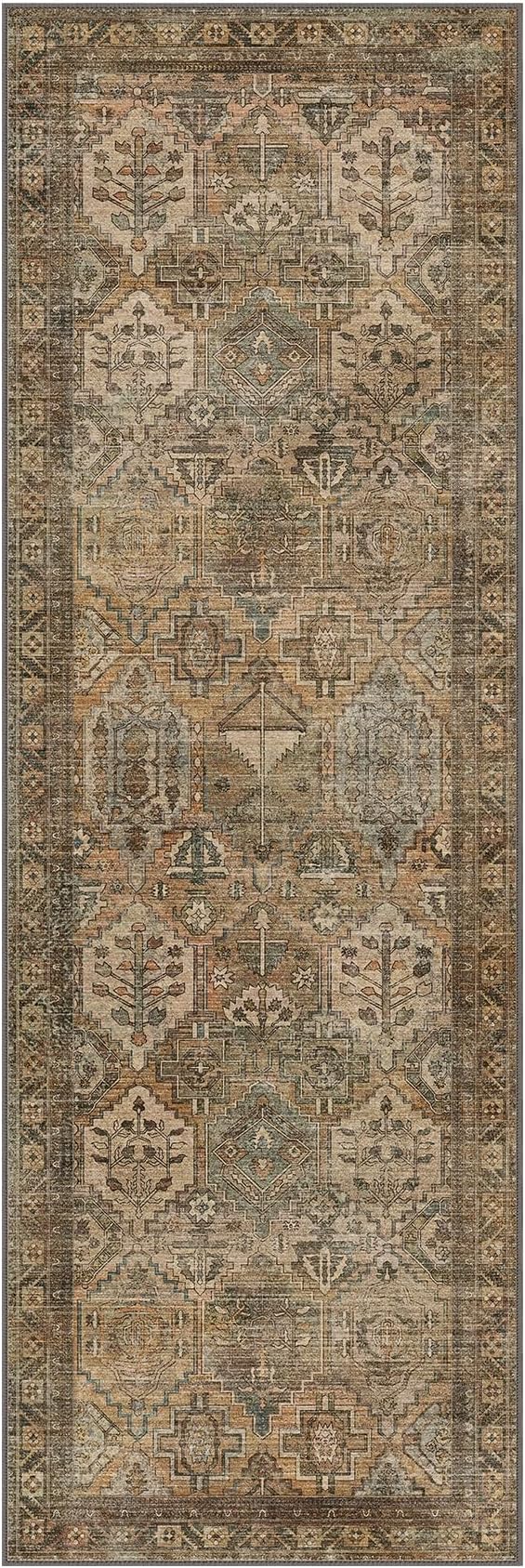 Bavni Kitchen Rug 2x6 Runner Rugs for Hallways Entryway, Washable Vintage Print Carpet, Ultra-Thin Chenille Low Pile Lightweight Rug with Non Slip Backing, Warm Taupe
