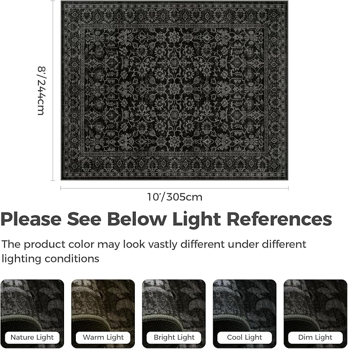 LIVEBOX Washable Area Rug 8x10 - Large Black Boho Living Room Rug Vintage Rugs for Bedroom, Non-Slip Retro Floral Carpet Print Distressed Accent Rugs for Dining Room Home Office