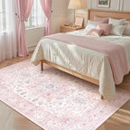 LIVEBOX Pink Washable Area Rug 5x7 - Large Vintage Tribal Living Room Non-Slip Indoor Carpet for Bedroom, Low-Pile Retro Print Distressed Accent for Nursery Dorm Home Decor
