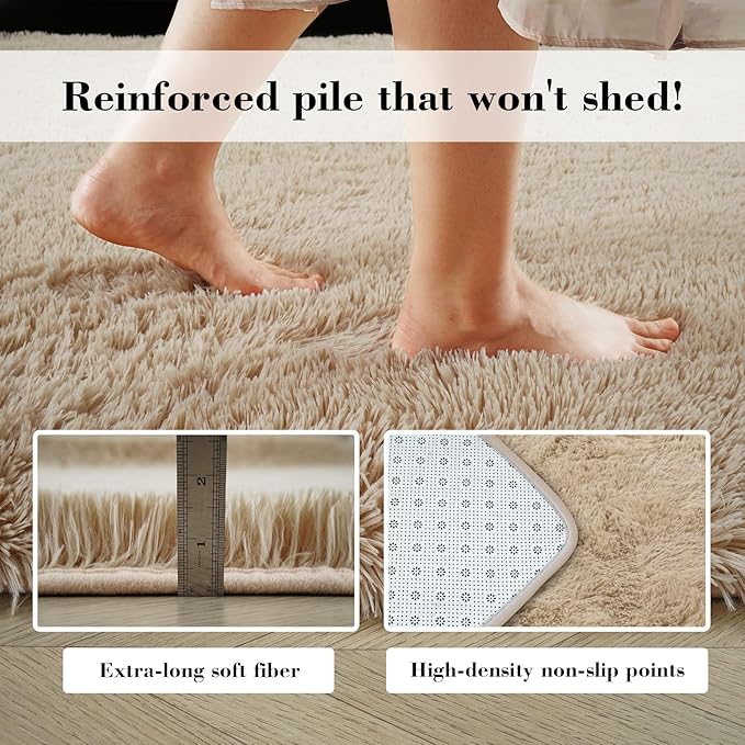 Fluffy Rug Shaggy Area Rug, Beige 6x9 Area Rugs for Living Room, Large Shag Area Rugs for Bedroom Kids Room Home Decor, Upgrade Anti-Skid Rectangular Fuzzy Rugs