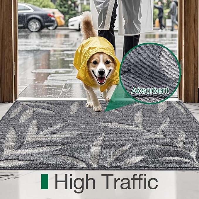 LUMI Indoor Door Mat 48x72, Washable Front Doormat with Welcome Leaf Pattern, Non-Slip Rubber Back Absorbent Mats for Entrance, Patio, Garage, Light Grey