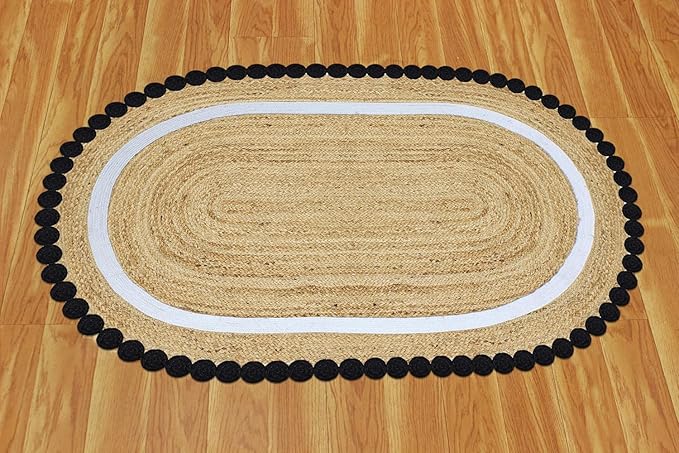 Oval Jute Runner 2.6x24 Flatweave Kilim Runner Hand Braided Jute Thick 0.27" Solid Pattern Black Beige Natural Oval Handmade Boho Indoor Outdoor Rugs for Hallway Enterway Stair Corridor